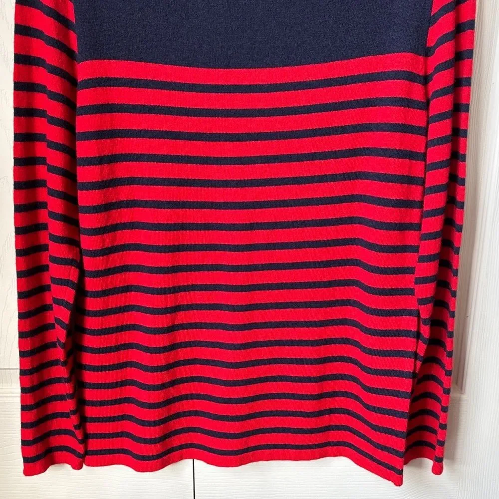 J. Crew Breton-Striped Women's Navy Red Gem Rhinestone sweater wool top Med EUC